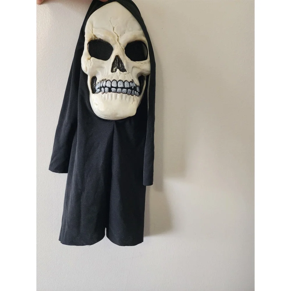 Vintage Grim Reaper Skull Mask Black Hooded Halloween Horror Costume Goth Decor